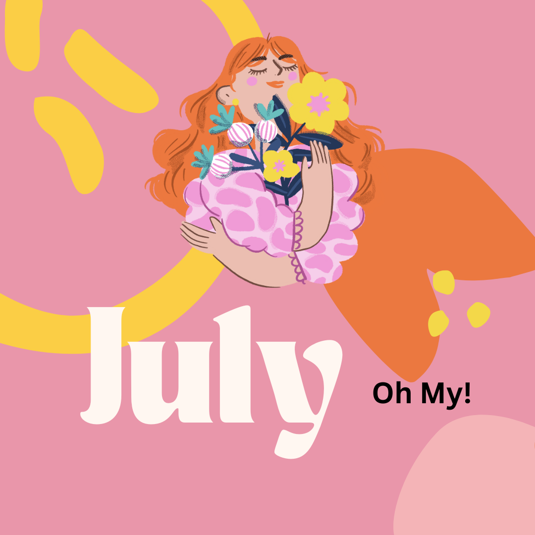 the word july and woman holding flowers
